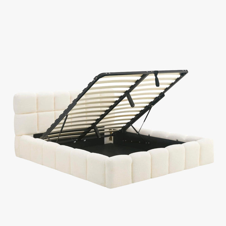 LORY Lit double en tissu bouclette beige avec coffre 160x200 cm - AMIRELLI