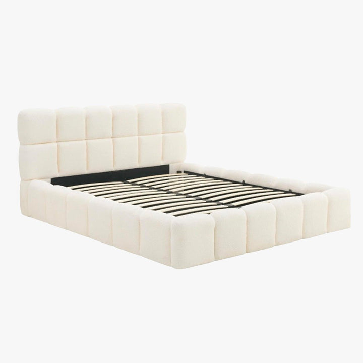 LORY Lit double en tissu bouclette beige avec coffre 160x200 cm - AMIRELLI