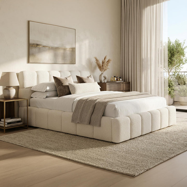 LORY Lit double en tissu bouclette beige avec coffre 160x200 cm - AMIRELLI