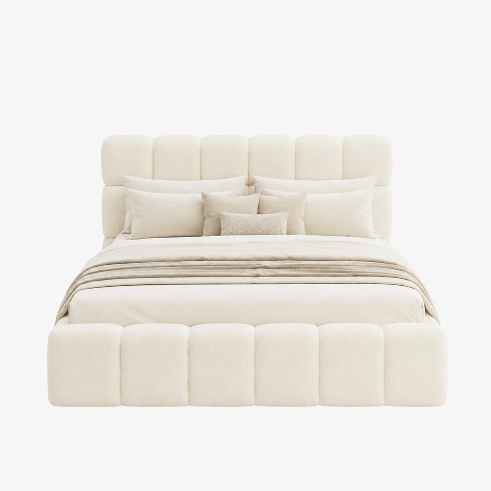 LORY Lit double en tissu bouclette beige avec coffre 160x200 cm - AMIRELLI