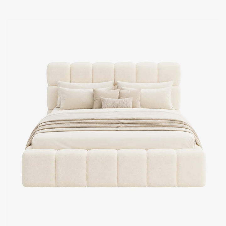 LORY Lit double en tissu bouclette beige avec coffre 160x200 cm - AMIRELLI