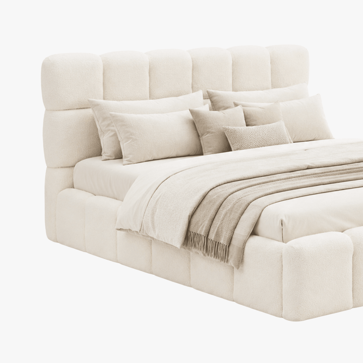 LORY Lit double en tissu bouclette beige avec coffre 160x200 cm - AMIRELLI