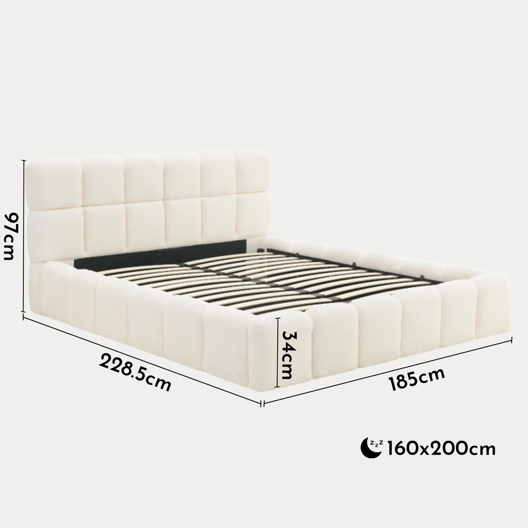 LORY Lit double en tissu bouclette beige avec coffre 160x200 cm - AMIRELLI