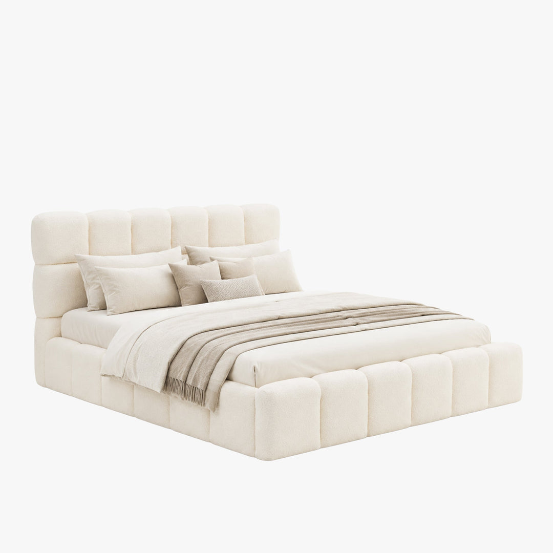 LORY Lit double en tissu bouclette beige avec coffre 160x200 cm - AMIRELLI