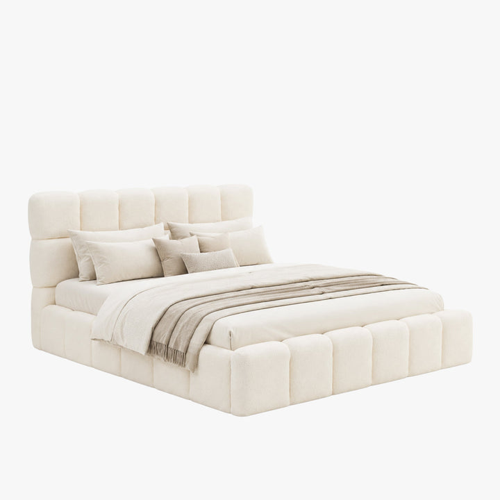 LORY Lit double en tissu bouclette beige avec coffre 160x200 cm - AMIRELLI