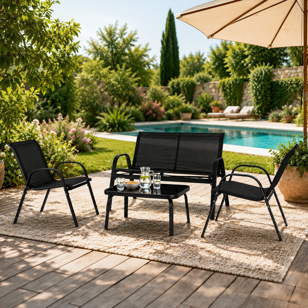 MINNESOTA Ensemble de mobilier de jardin 4 places avec table en verre noir - AMIRELLI