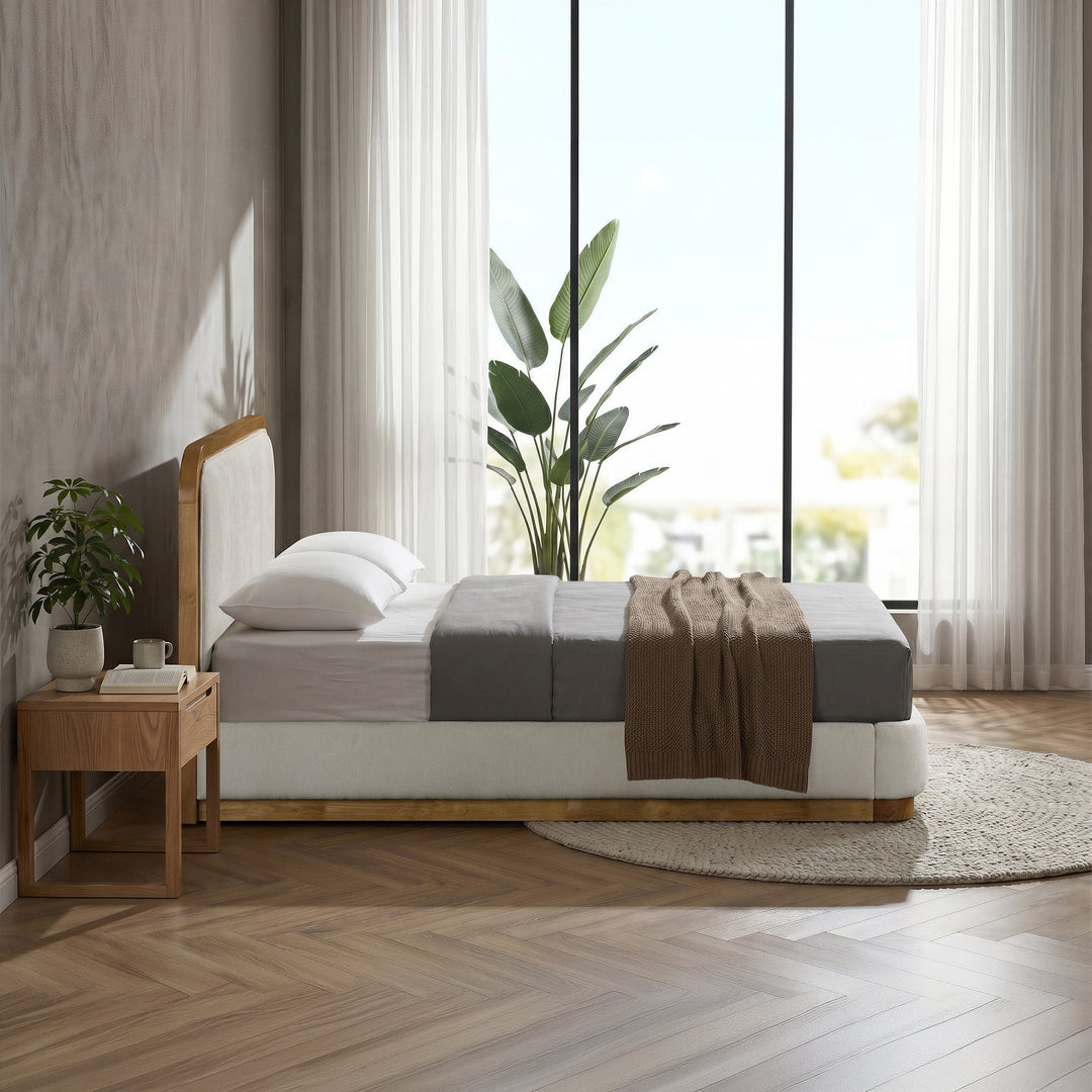 MONA Lit double en tissu beige et bois clair 140x190 cm - AMIRELLI