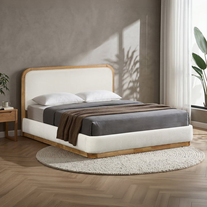 MONA Lit double en tissu beige et bois clair 140x190 cm - AMIRELLI