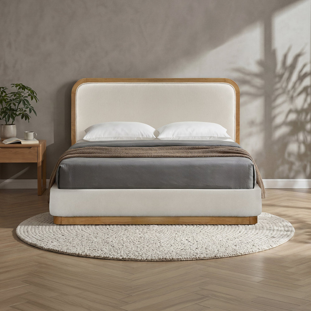 MONA Lit double en tissu beige et bois clair 140x190 cm - AMIRELLI