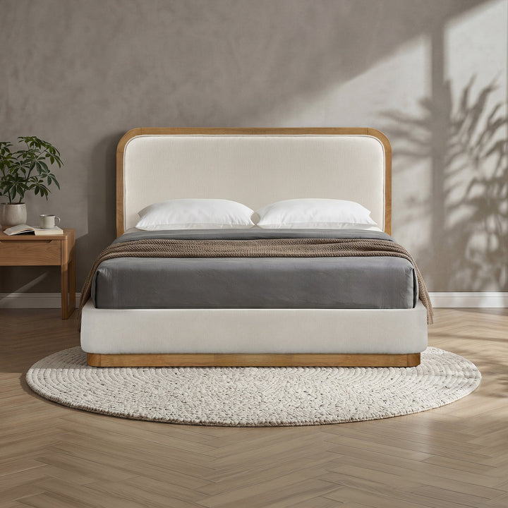 MONA Lit double en tissu beige et bois clair 140x190 cm - AMIRELLI
