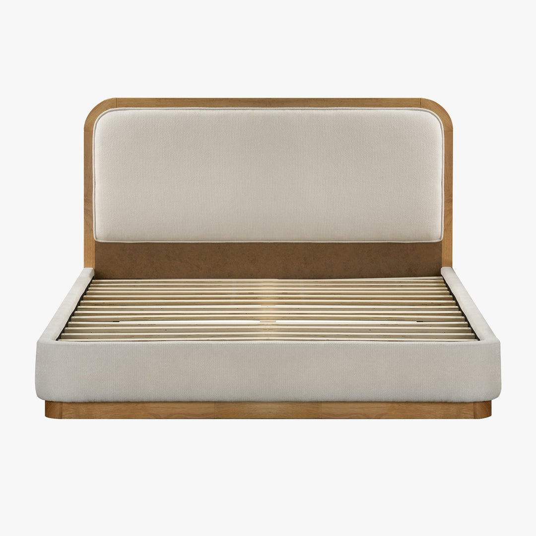 MONA Lit double en tissu beige et bois clair 140x190 cm - AMIRELLI