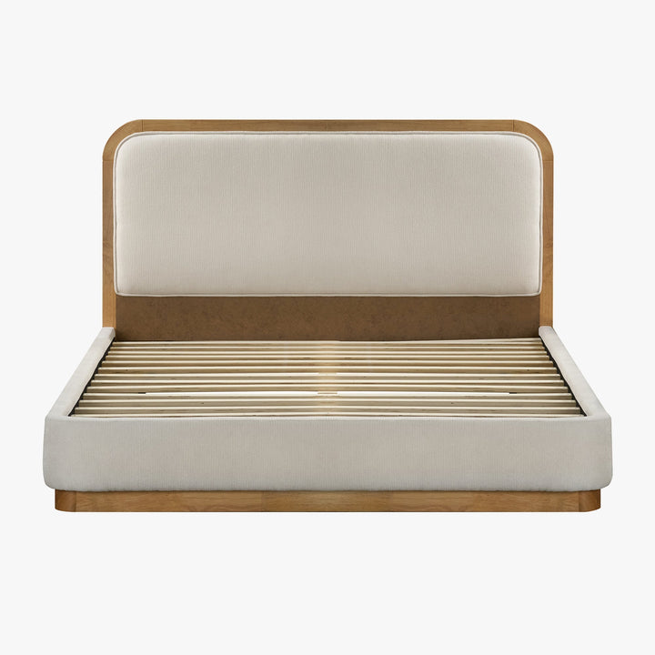 MONA Lit double en tissu beige et bois clair 140x190 cm - AMIRELLI