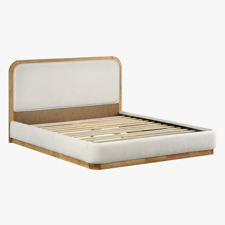 MONA Lit double en tissu beige et bois clair 140x190 cm - AMIRELLI