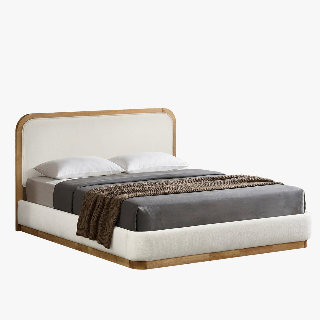 MONA Lit double en tissu beige et bois clair 140x190 cm - AMIRELLI