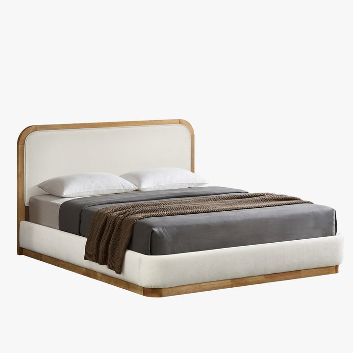 MONA Lit double en tissu beige et bois clair 140x190 cm - AMIRELLI