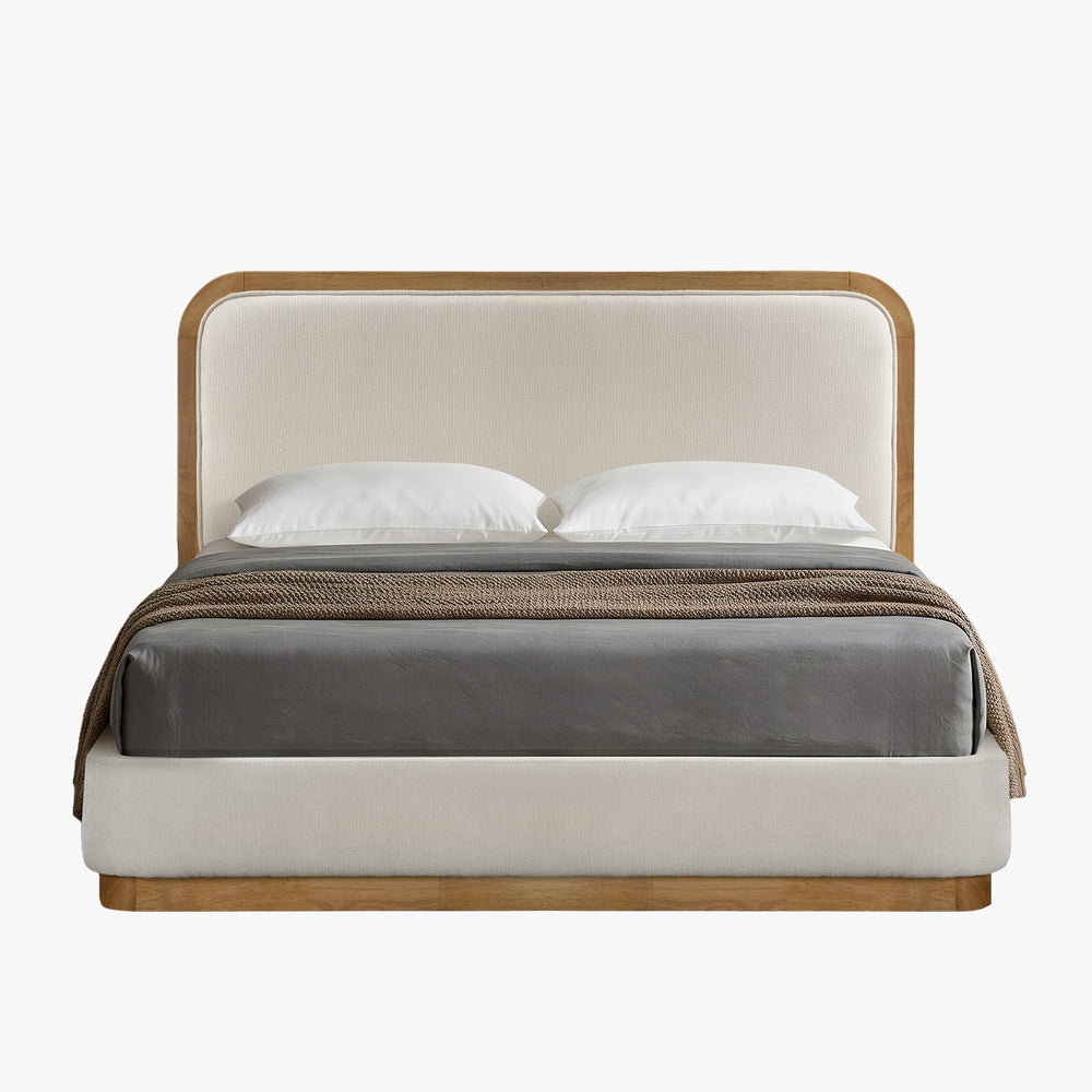 MONA Lit double en tissu beige et bois clair 140x190 cm - AMIRELLI