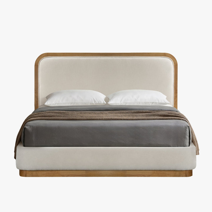 MONA Lit double en tissu beige et bois clair 140x190 cm - AMIRELLI