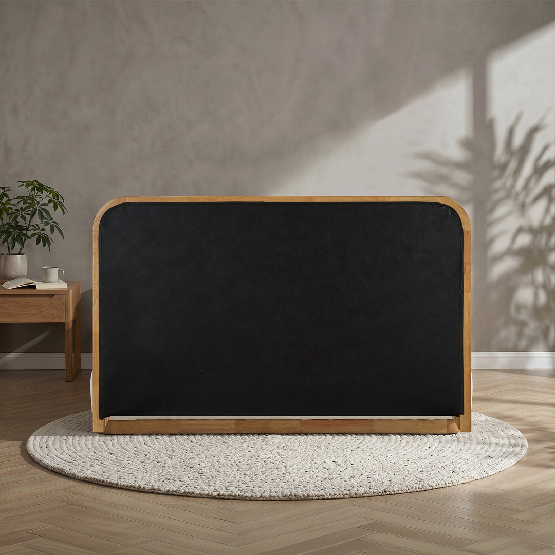 MONA Lit double en tissu beige et bois clair 140x190 cm - AMIRELLI