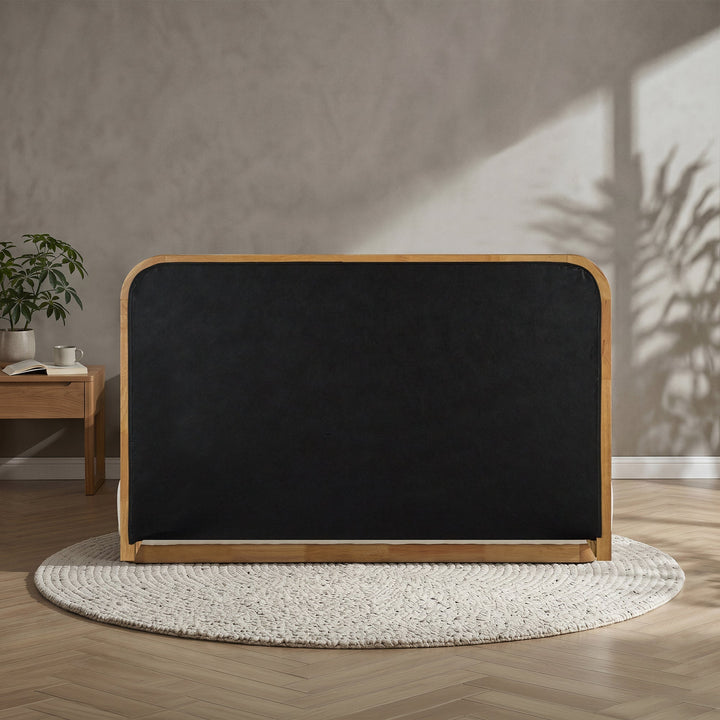 MONA Lit double en tissu beige et bois clair 140x190 cm - AMIRELLI
