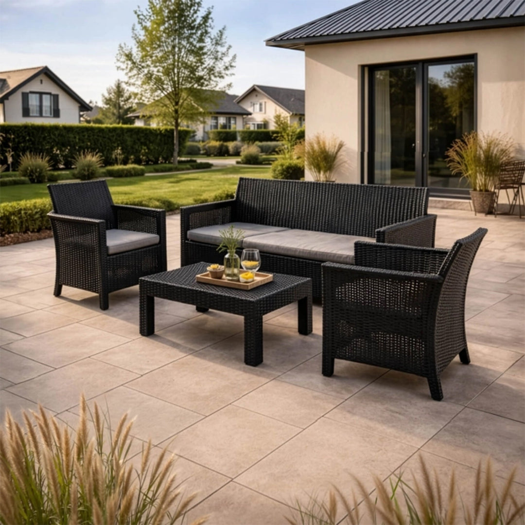 SAVIO Ensemble de mobilier de jardin 5 places avec table noir - AMIRELLI