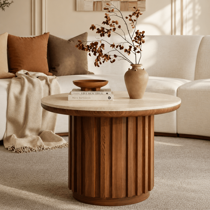 Table basse cannelée Aura 70 cm ronde en bois de frêne noyer avec plateau en pierre frittée - AMIRELLI