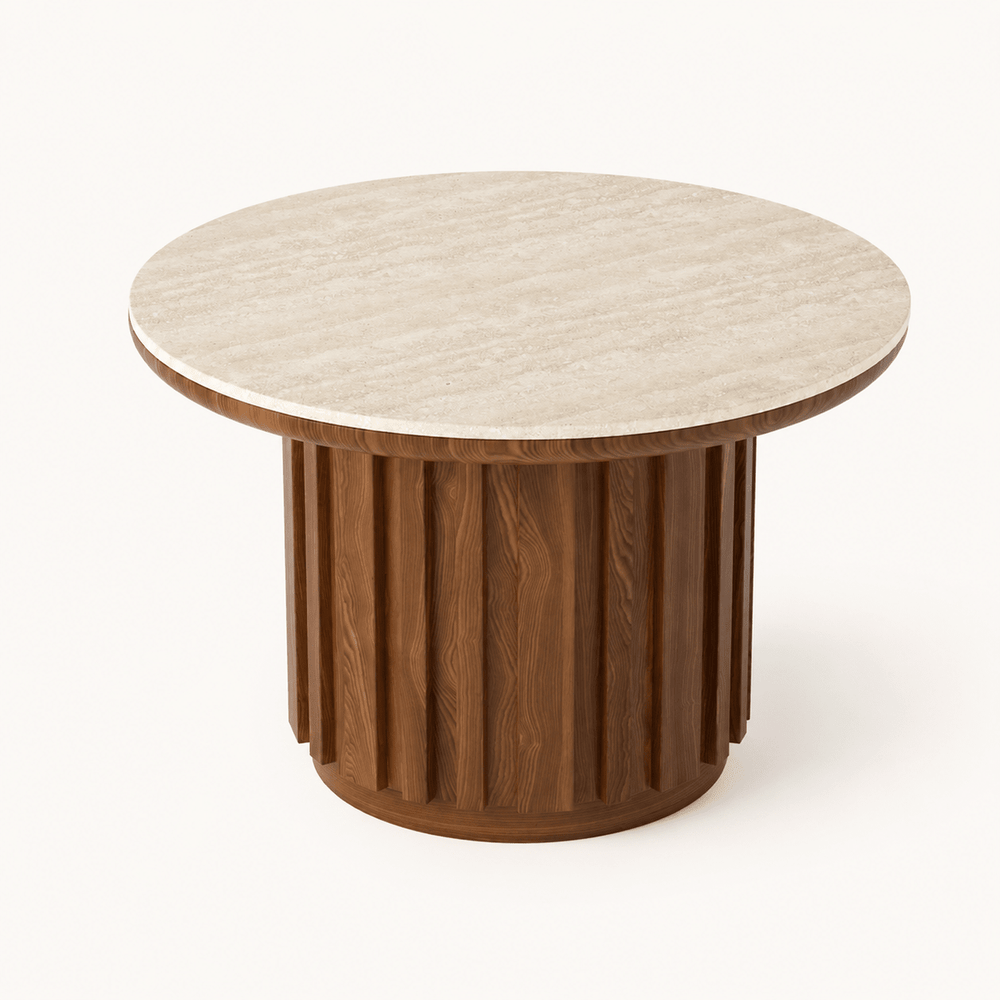 Table basse cannelée Aura 70 cm ronde en bois de frêne noyer avec plateau en pierre frittée - AMIRELLI