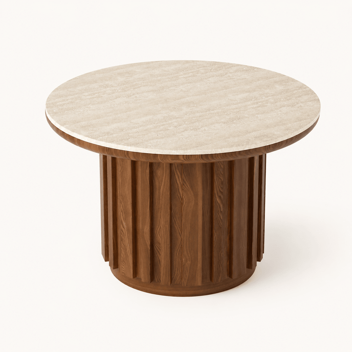 Table basse cannelée Aura 70 cm ronde en bois de frêne noyer avec plateau en pierre frittée - AMIRELLI