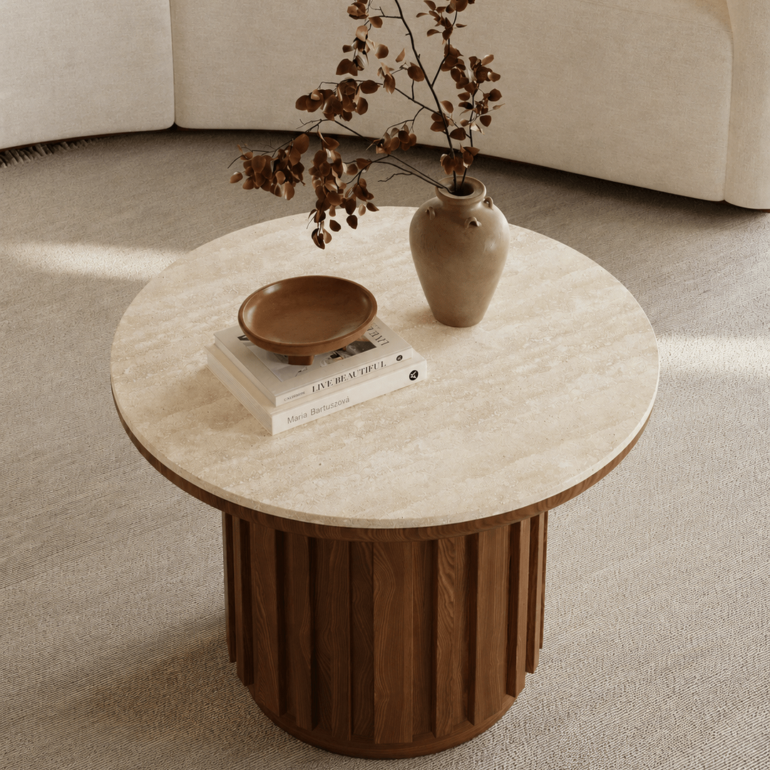 Table basse cannelée Aura 70 cm ronde en bois de frêne noyer avec plateau en pierre frittée - AMIRELLI