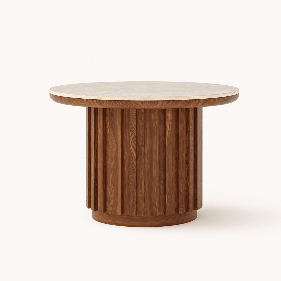 Table basse cannelée Aura 70 cm ronde en bois de frêne noyer avec plateau en pierre frittée - AMIRELLI