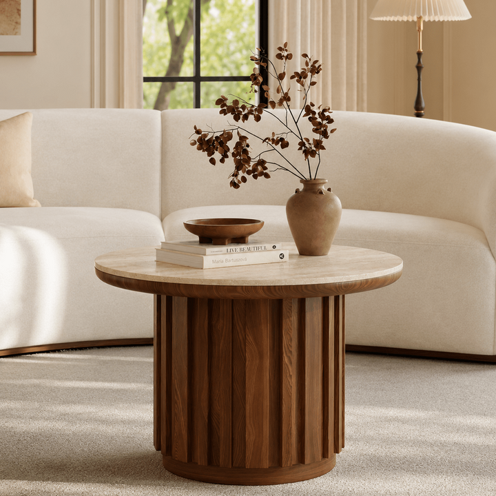 Table basse cannelée Aura 70 cm ronde en bois de frêne noyer avec plateau en pierre frittée - AMIRELLI