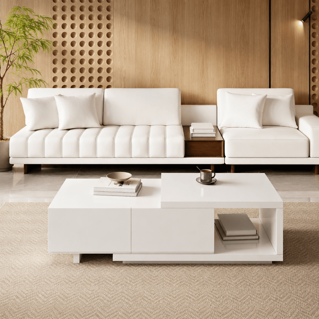 Table basse extensible Lunaro avec 2 tiroirs (1200 mm à 1750 mm) white - AMIRELLI
