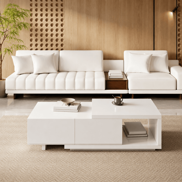 Table basse extensible Lunaro avec 2 tiroirs (1200 mm à 1750 mm) white - AMIRELLI