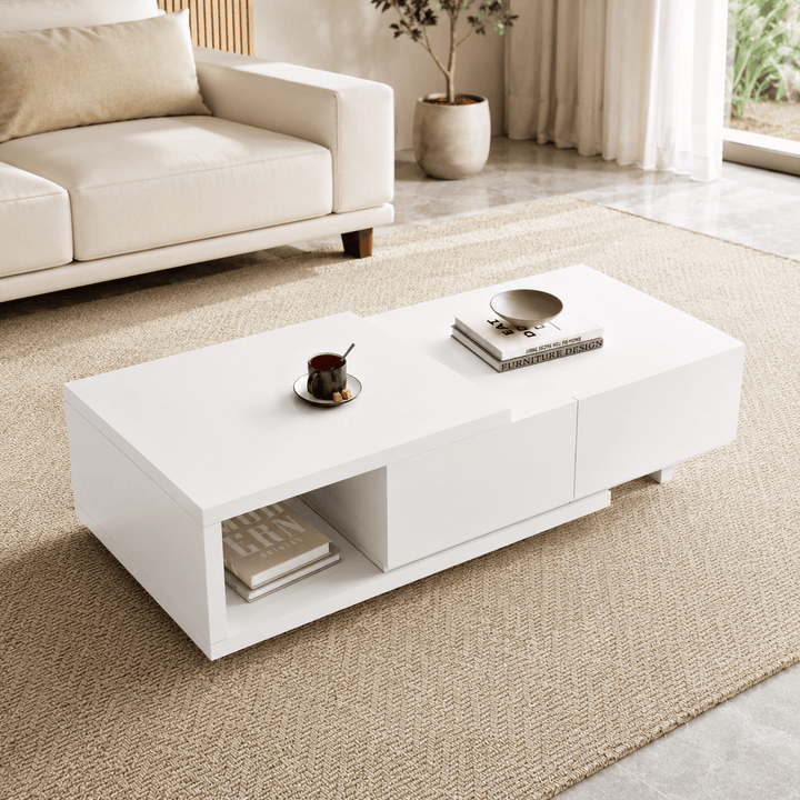 Table basse extensible Lunaro avec 2 tiroirs (1200 mm à 1750 mm) white - AMIRELLI