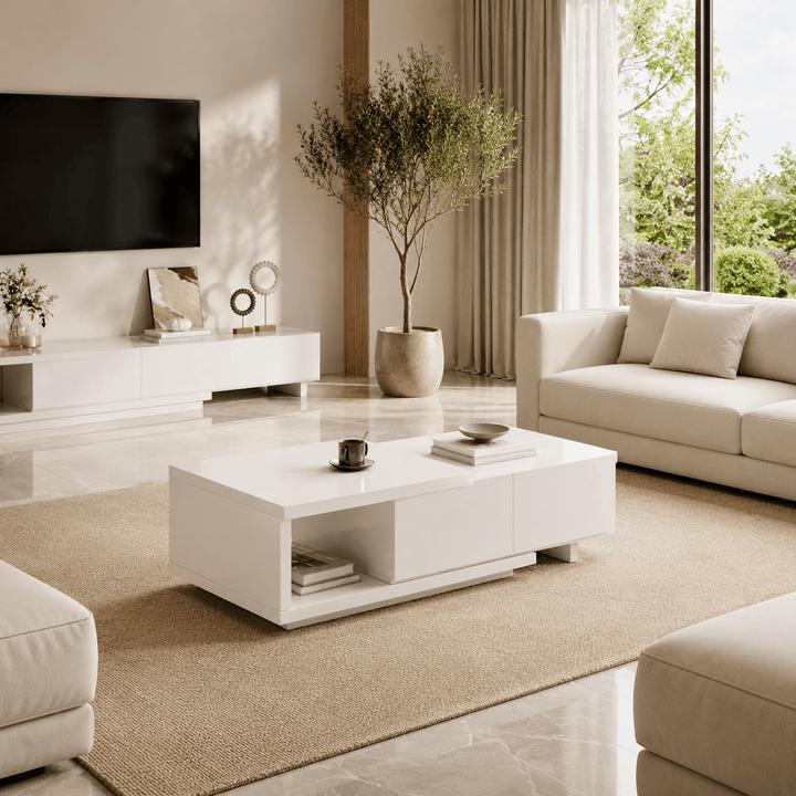 Table basse extensible Lunaro avec 2 tiroirs (1200 mm à 1750 mm) white - AMIRELLI
