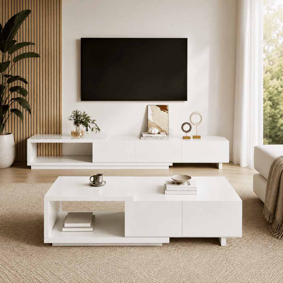 Table basse extensible Lunaro avec 2 tiroirs (1200 mm à 1750 mm) white - AMIRELLI