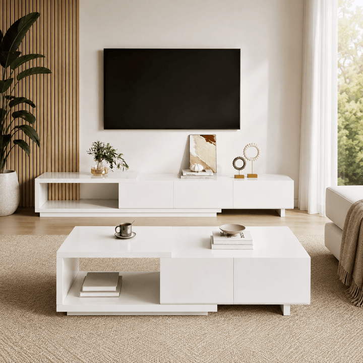 Table basse extensible Lunaro avec 2 tiroirs (1200 mm à 1750 mm) white - AMIRELLI