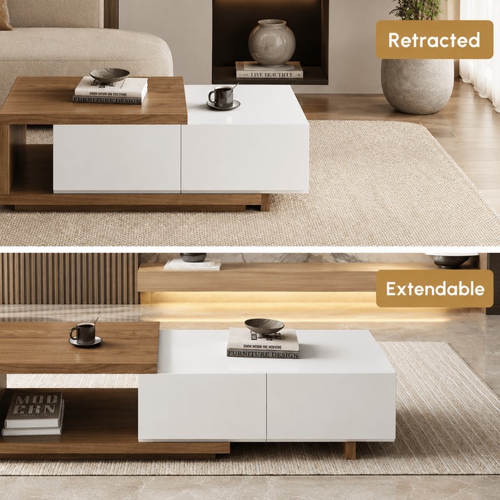 Table basse extensible Quoint Walnut avec 2 tiroirs (1200 mm à 1750 mm) - AMIRELLI