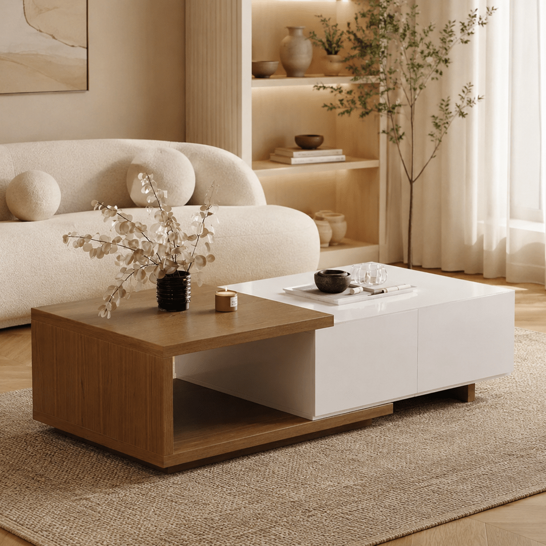 Table basse extensible Quoint Walnut avec 2 tiroirs (1200 mm à 1750 mm) - AMIRELLI