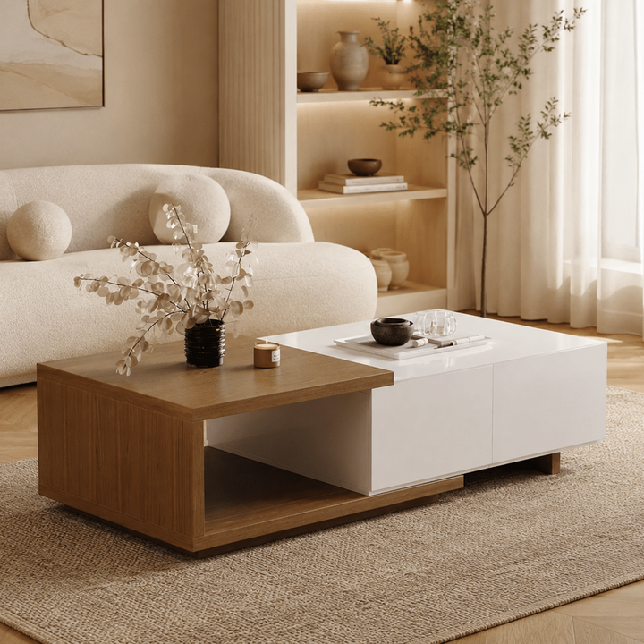 Table basse extensible Quoint Walnut avec 2 tiroirs (1200 mm à 1750 mm) - AMIRELLI