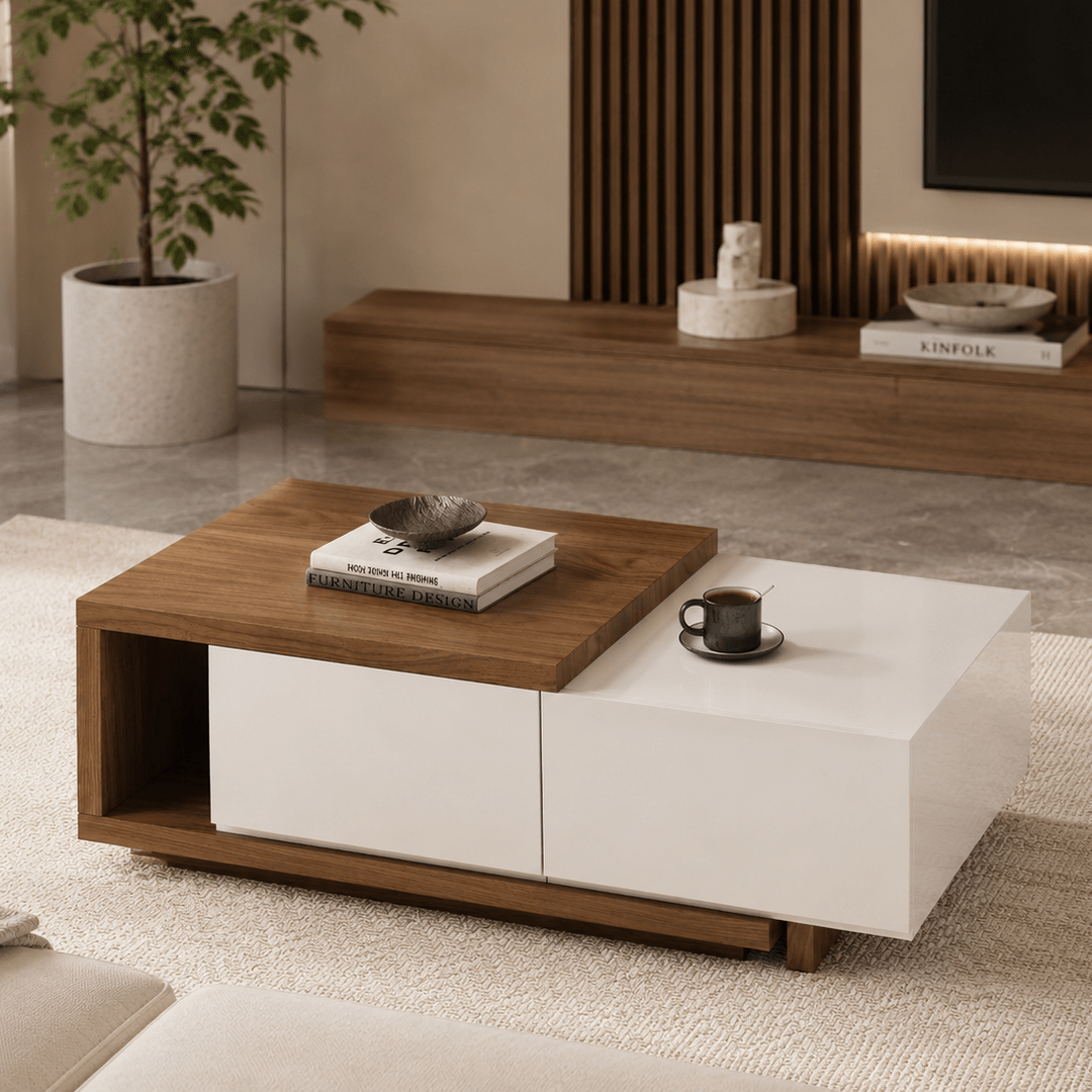 Table basse extensible Quoint Walnut avec 2 tiroirs (1200 mm à 1750 mm) - AMIRELLI