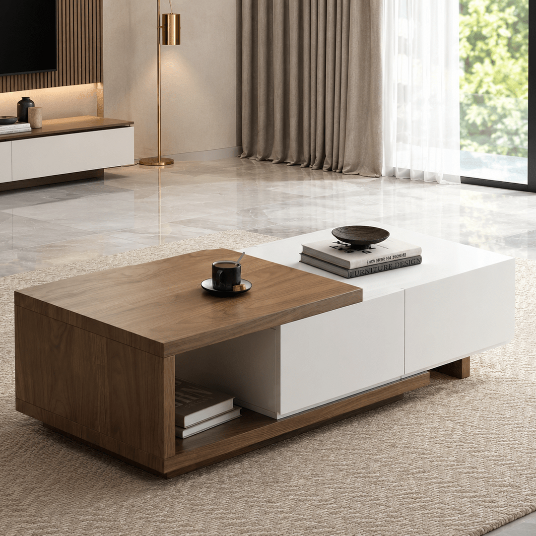 Table basse extensible Quoint Walnut avec 2 tiroirs (1200 mm à 1750 mm) - AMIRELLI