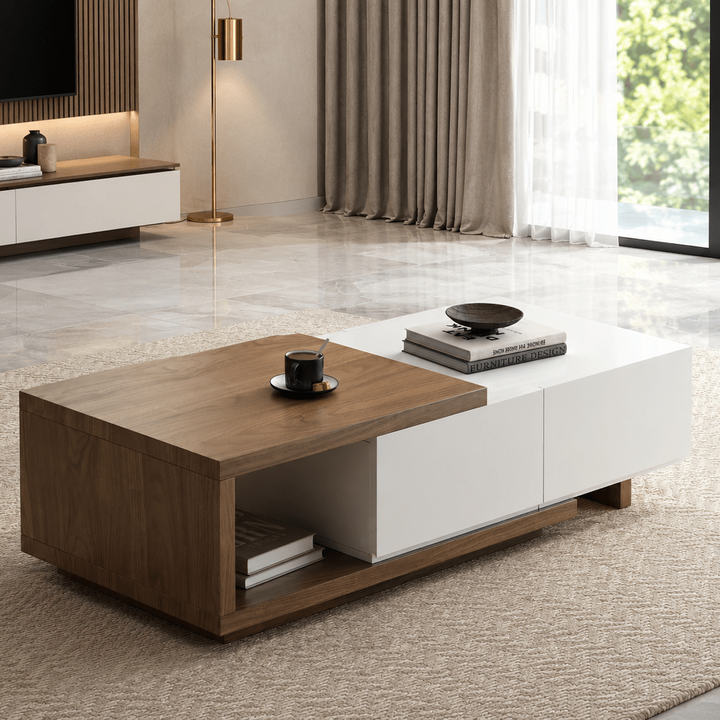 Table basse extensible Quoint Walnut avec 2 tiroirs (1200 mm à 1750 mm) - AMIRELLI