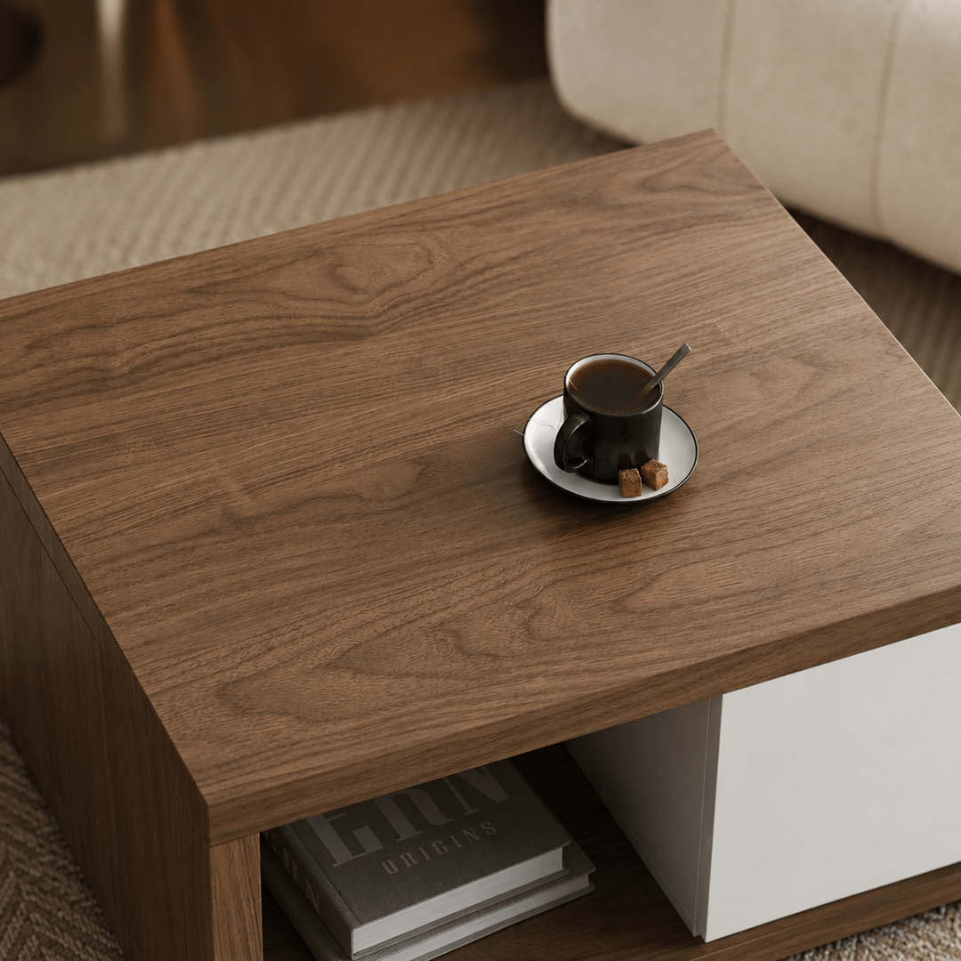 Table basse extensible Quoint Walnut avec 2 tiroirs (1200 mm à 1750 mm) - AMIRELLI
