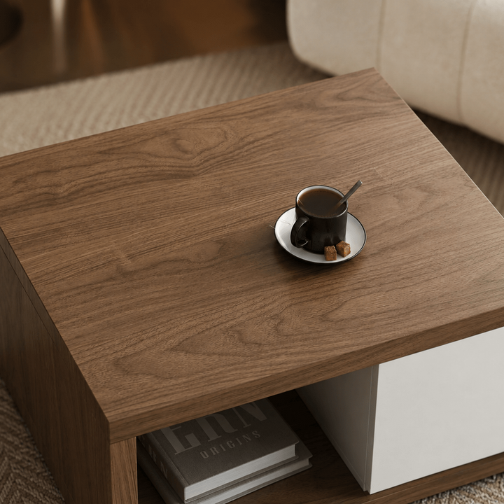 Table basse extensible Quoint Walnut avec 2 tiroirs (1200 mm à 1750 mm) - AMIRELLI