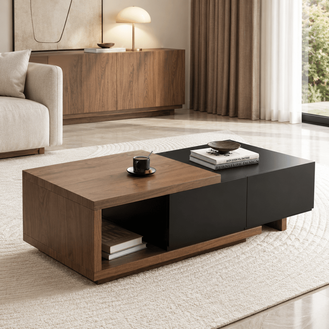 Table basse extensible Quoint Walnut avec 2 tiroirs (1200 mm à 1750 mm) black - AMIRELLI