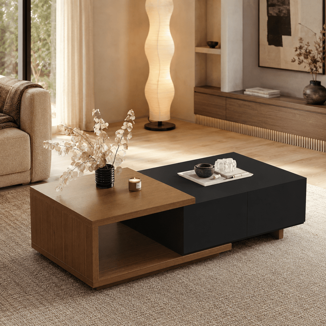 Table basse extensible Quoint Walnut avec 2 tiroirs (1200 mm à 1750 mm) black - AMIRELLI