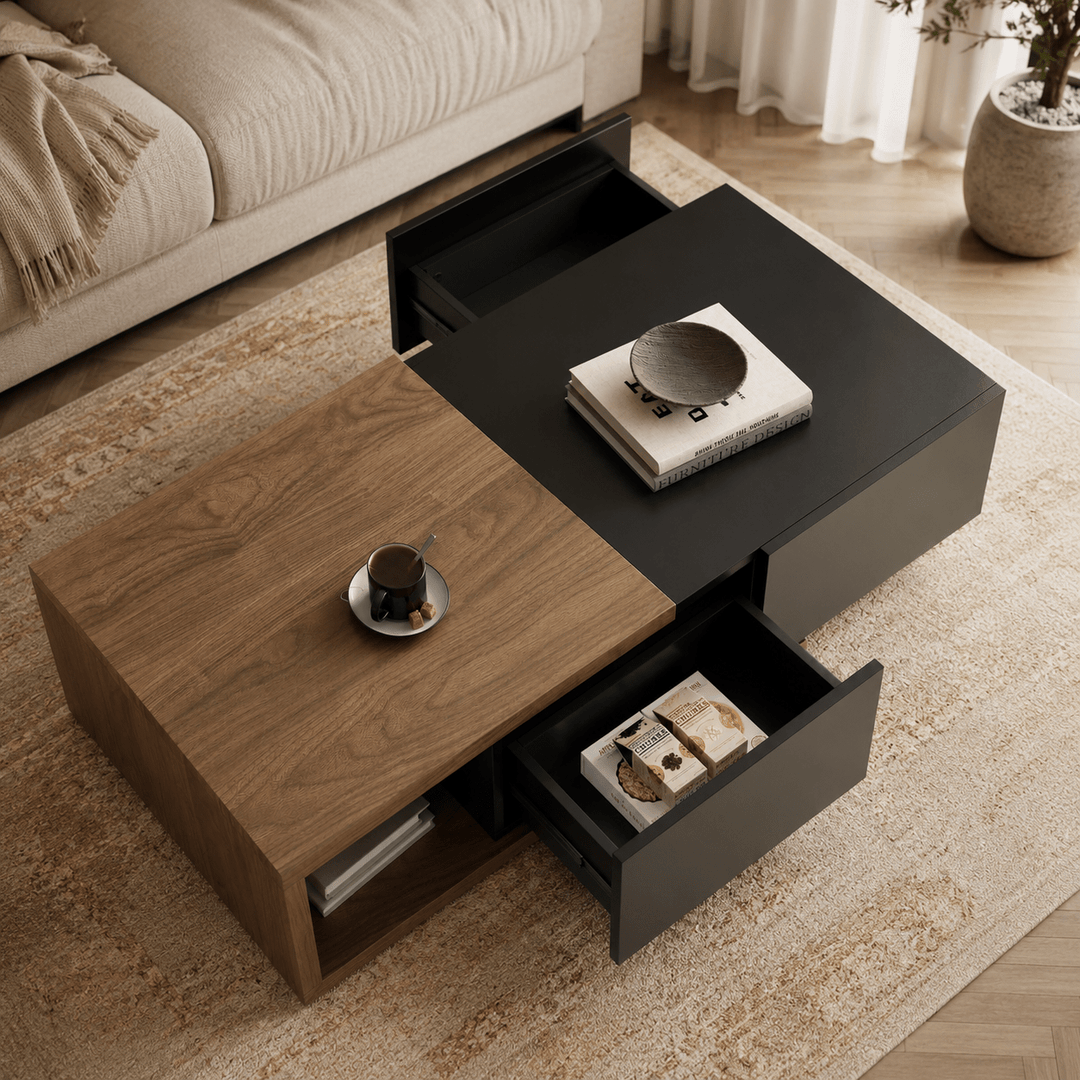 Table basse extensible Quoint Walnut avec 2 tiroirs (1200 mm à 1750 mm) black - AMIRELLI