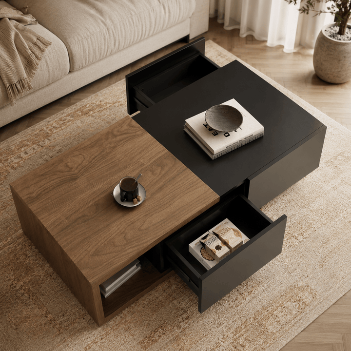 Table basse extensible Quoint Walnut avec 2 tiroirs (1200 mm à 1750 mm) black - AMIRELLI