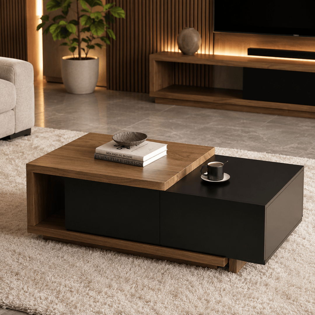 Table basse extensible Quoint Walnut avec 2 tiroirs (1200 mm à 1750 mm) black - AMIRELLI