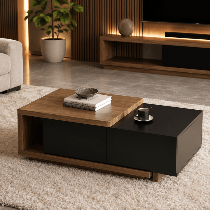 Table basse extensible Quoint Walnut avec 2 tiroirs (1200 mm à 1750 mm) black - AMIRELLI